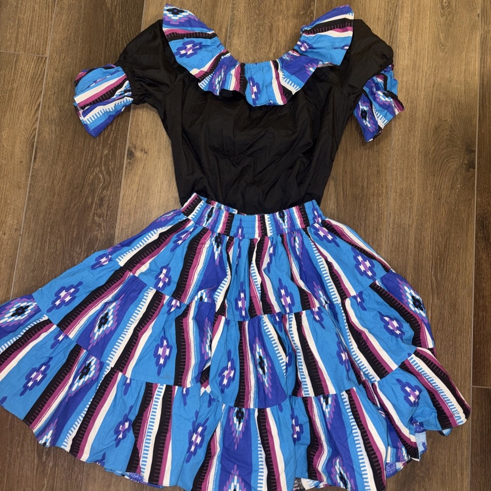 Vintage Square Dance Circle Skirt Set Aztec Western Ruffle Top Small Petite